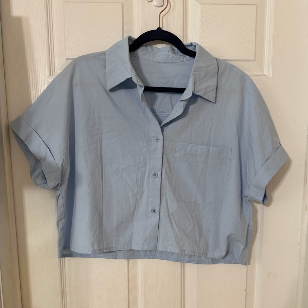 Light Blue Cropped Button-Up Shirt